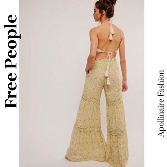 FREE PEOPLE EMMALINE TIERED PULLON FLARED PANTS IN SAGE COMBO NWT - Picture 4 of 9